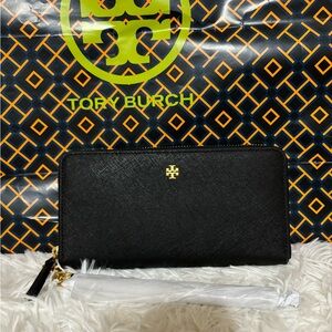 Authentic Tory Burch Black Wallet Emerson Wristlet Zip Continental Wallet